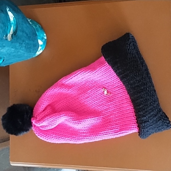 Bright Pink and black knit beanie hat adult sz with POM and Flamingo - Picture 5 of 8